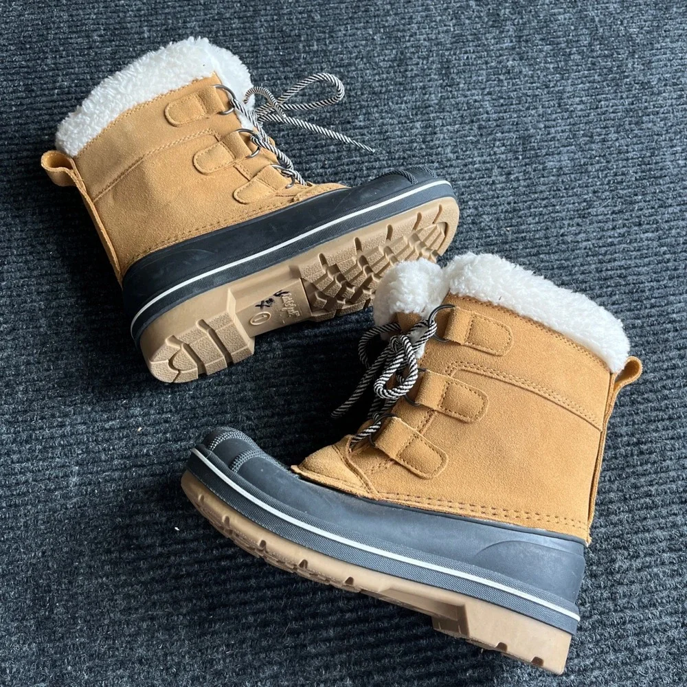 Cat & Jack Snow Duck Boots Kid Size 1 Tan Black Excellent Faux Fur Lined Lace Up
